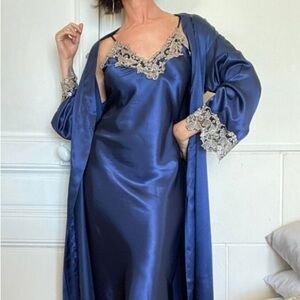 JadoreLingerie Navy Blue Long Satin Nightgown and Robe Set Women Size XL